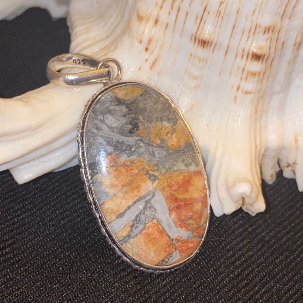 Sterling Silver Orange and Gray Jasper Oval Pendant